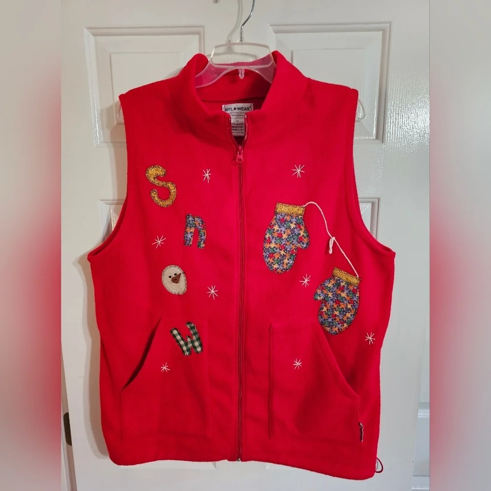 Nyl Wear Red Fleece Holiday Vest 1X Snowmen Mittens Appliqué Christmas Novelty - Picture 2 of 6